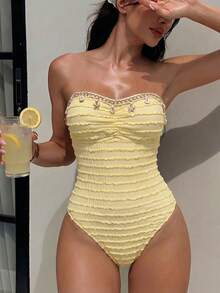 Bonvoyette 春夏新款女款連身泳衣，奶油黃紋理面料搭配海星與貝殼編織飾邊設計，適合海灘、沙灘、游泳、泳池、度假穿著的女款泳衣 - 鵝黃色 - 查看 7