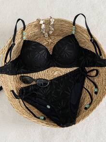 Swim Vcay Women's 2-Piece Swimsuit Set, Sexy Elegant Minimalist Bikini With Double Shoulder Straps, Patchwork Hand-Beaded Design, Random Color, Beachwear Swimsuit Set For Spring/Summer - Black - View 4