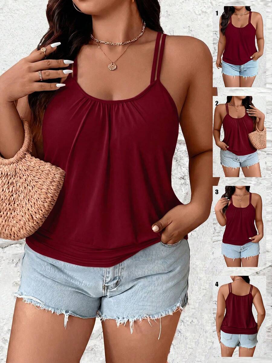 EMERY ROSE Plus Size Women Solid Color Ruched Casual Everyday Top - Burgundy - View 1