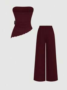 Sweetra Women's Solid Color Metal Decor Pleated Bandeau Top And Long Pants Casual Daily 2-Piece Set - Burgundy - View 2