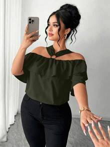 Elenzga Elegant Off-Shoulder Metal Decor Ring Ruffle Trim Square Neck Plus Size Blouse - Army Green - View 5