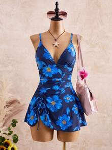 Bellisia 女款夏季海灘豹紋抽繩V領百褶裙褲性感泳裝裙 - 藍色 - 查看 1
