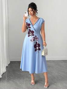 SHEIN Clasi Women's Plus Size Light Blue 3D Floral Pearl Print Woven Fabric Cross V-Neck Short Sleeve Cinched Waist A-Line Midi Dress, Elegant Casual Summer - Multicolor - View 3