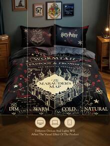 HARRY POTTER X SHEIN 3件組 The Marauder's Map 印花三件式被套組，磨毛布料製，柔軟保暖，黑色被套，多種尺寸可選，適用單人床/雙人床/加大床/特大床 - 深灰色 - 查看 10
