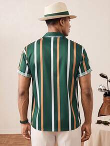 Manfinity Homme Men Striped Print Shirt, Green And Gold Shirt Men, Men Striped Shirt, Vertical Striped Shirt Men - Green - View 2