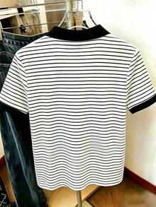 Flirla 大尺碼女款黑白配色 Polo T恤 休閒夏季時尚短袖上衣 度假風 - 彩色 - 查看 2