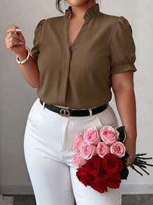 Elenzga Plus Size Premium Elegant Commuter Solid Color Lapel Shirt - Camel - View 5