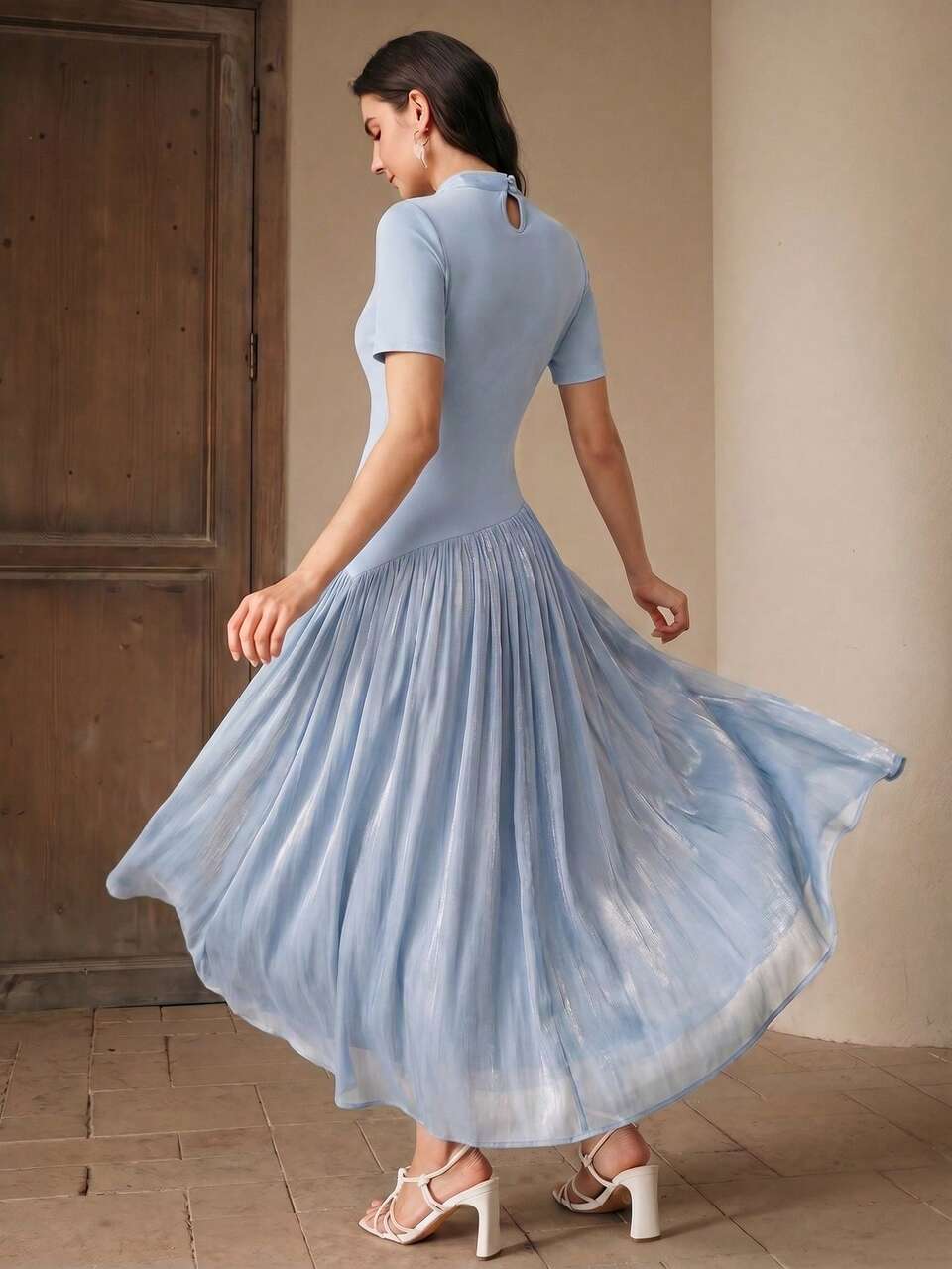 Anewsta Women's Summer Elegant Romantic Short Sleeve Knit Woven Patchwork Bow Tie Lace-Up Pearlescent Crinkled Glossy Shiny Long Dress Wedding Light Blue