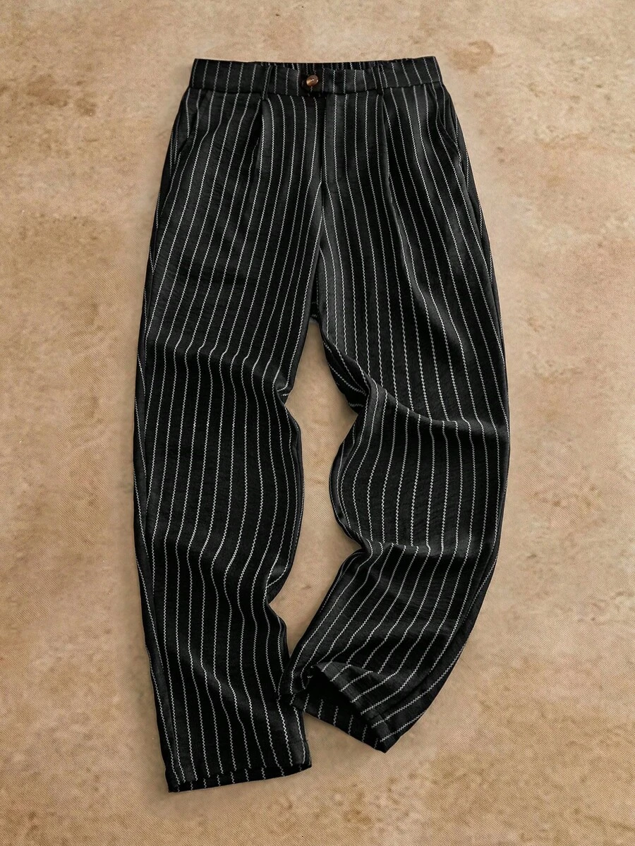 HIMLAND Pantalones de rayas casuales para ir al trabajo para hombres - Negro - Ver 1