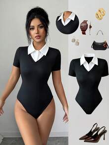 Selianne 女款拼色拼接襯衫領短袖修身連身衣 - 黑色 - 查看 4