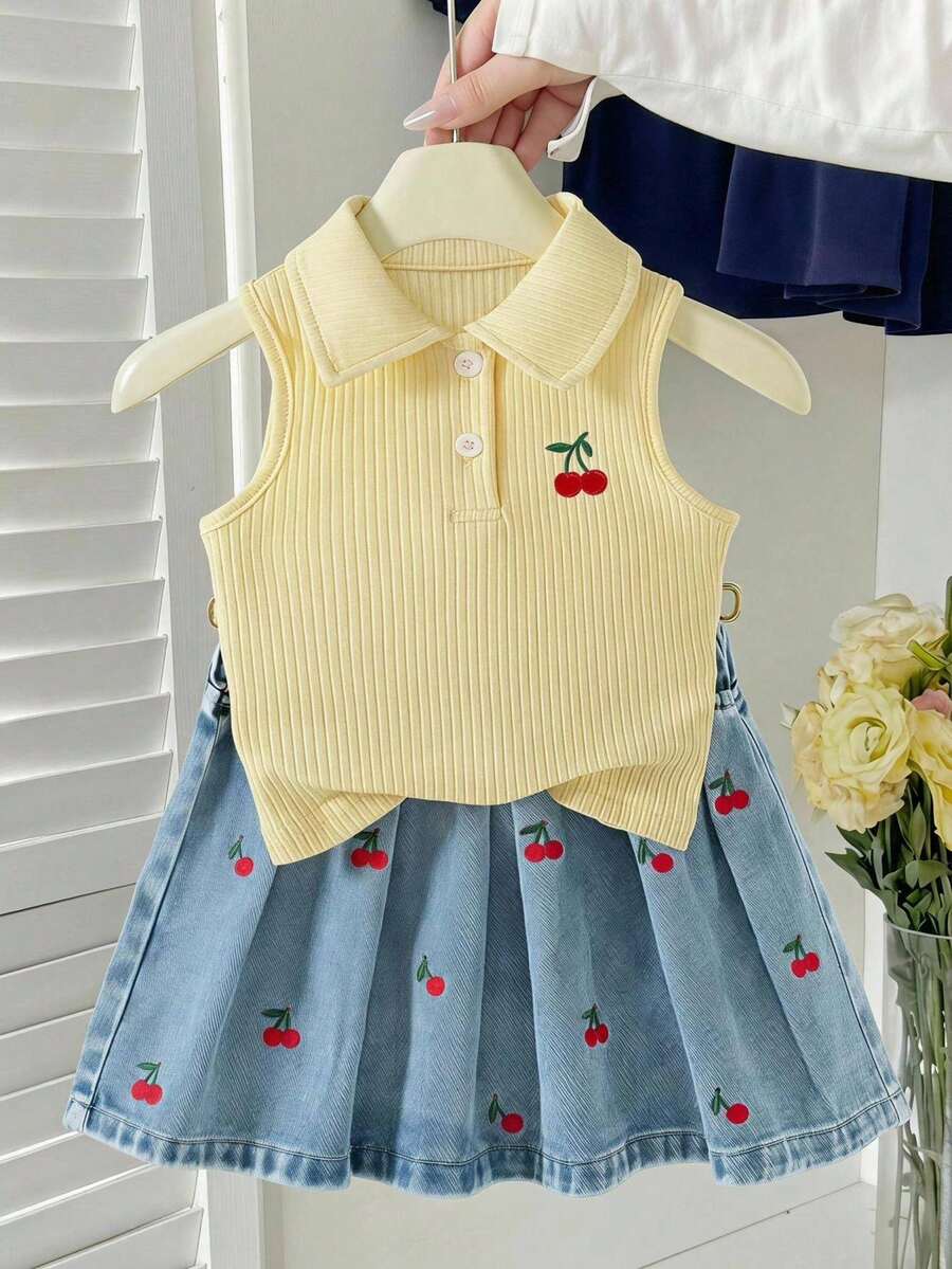 Genkimix Kids 女童樱桃刺绣无袖Polo衫和牛仔裙两件套，夏季新款可爱休闲少女风，柔软亲肤罗纹上衣+浅蓝色水洗樱桃刺绣牛仔裙