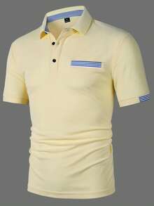 Calvornis 男士夏季拼色百褶修身百搭休閒短袖 Polo 衫 - 鵝黃色 - 查看 5