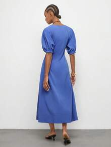 Maija Women's Solid Color V-Neck Batwing Short Sleeve Elegant French Matching Long Dress, Going Out Vacation Brunch Tea Party Outfits, Summer Cobalt Blue - Dusty Blue - View 3