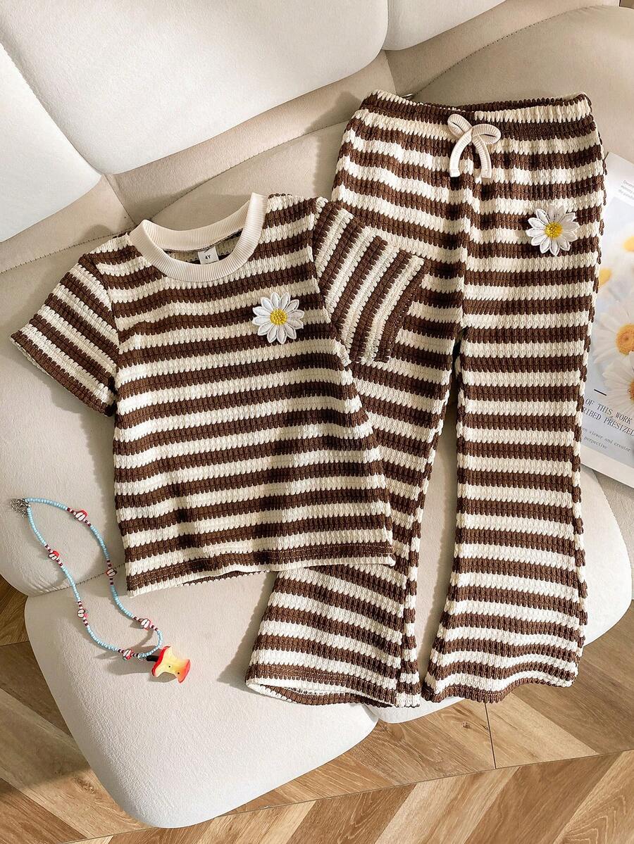 Genkimix Kids Girls Cute Vacation Coffee Brown Striped Daisy Embroidered Patch Ribbed Wide Leg Flare Pants Set