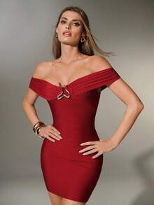 Nuvra Sexy & Elegant Off Shoulder Red Metal Decor Bodycon Mini Dress - Burgundy - View 8