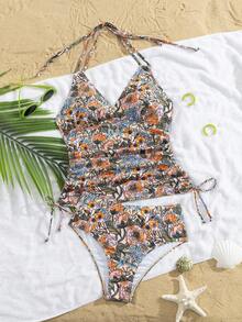 Swim Lushoire 女款夏季度假休閒海灘裝 熱帶花卉印花兩件式比基尼套裝 掛脖綁帶抽繩泳衣 - 彩色 - 查看 6