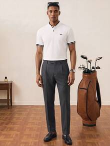 Manfinity Homme 男款皇冠印花對比飾邊半鈕扣領撞色白色商務休閒 Polo 衫，爸爸與男友禮物，適用於高爾夫、正式場合、典禮 - 白色 - 查看 3