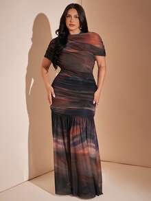 SHEIN BAE CURVE 大尺碼女款紮染百褶優雅夏季洋裝 - 彩色 - 查看 4