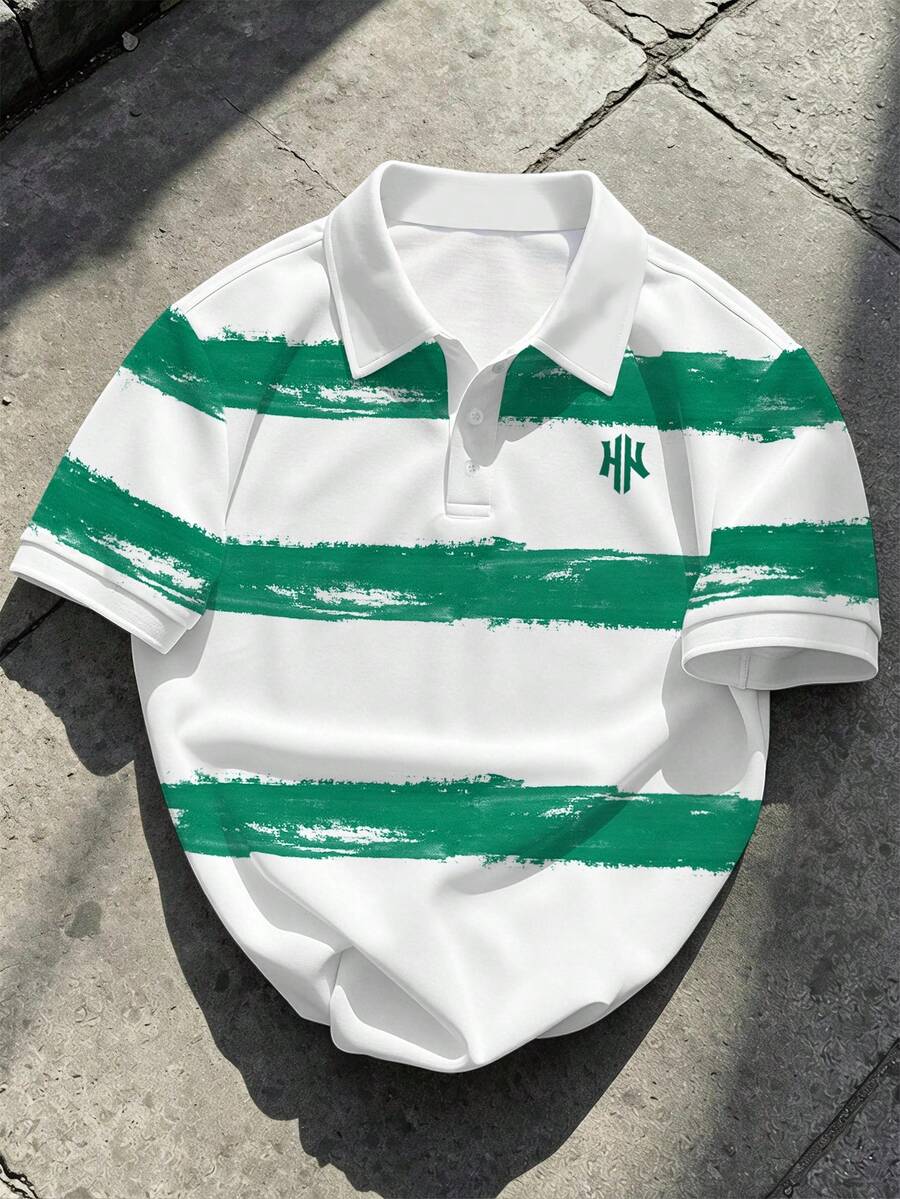Manfinity EMRG 男士經典休閒油畫筆觸條紋 H Logo 綠色拼接 Polo 衫,適合日常穿著與聚會 - 彩色 - 查看 1