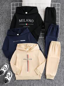 SHEIN 3 Sets/6 Pieces New Autumn/Winter Casual Slogan Print Hooded Long Sleeve Sweatshirt And Sweatpants Set For Boys, Comfortable Fabric, Fashionable Fit, Suitable For Multiple Seasons And Occasions - Multicolor - View 1