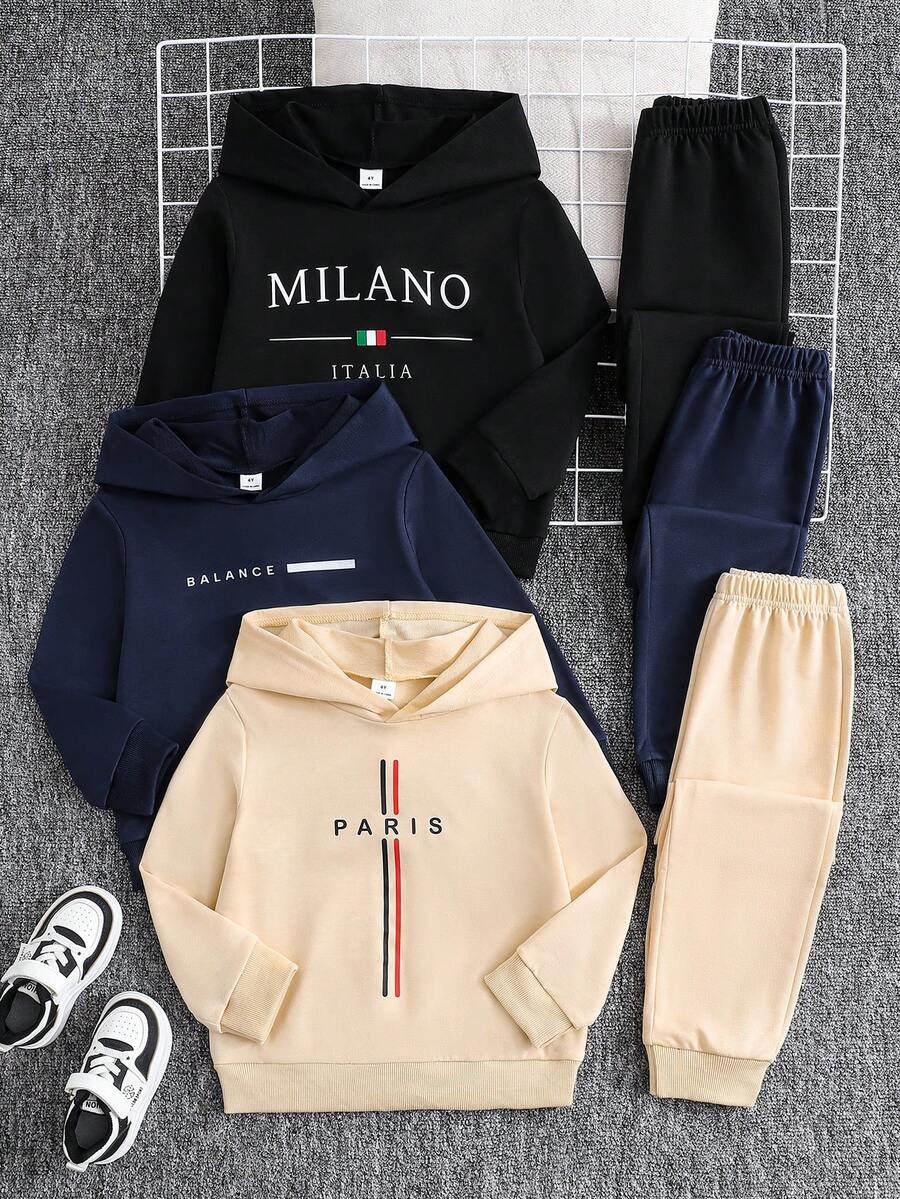 SHEIN 3 Sets/6 Pieces New Autumn/Winter Casual Slogan Print Hooded Long Sleeve Sweatshirt And Sweatpants Set For Boys, Comfortable Fabric, Fashionable Fit, Suitable For Multiple Seasons And Occasions - Multicolor - View 1