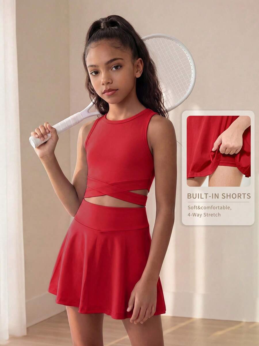 SHEIN 青少年女孩白色纯色春夏装，简约纯色舒适百搭套装，学院风休闲运动服，跑步/户外时尚高腰设计贴身加长百搭女孩套装 - 紅色 - 查看 1