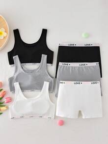 Bộ 3 món cho bé gái tuổi teen gồm áo tank top cơ bản và quần short nam, họa tiết băng dệt hình trái tim, màu trắng xám đen, chất mềm mại thoải mái, phong cách đơn giản ngọt ngào - Nhiều màu - Xem 2