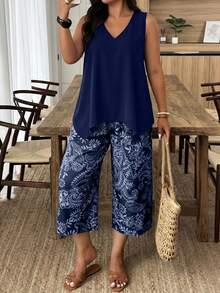 Weeklong Plus Size Women's V-Neck Irregular Hem Sleeveless Blouse And Solid Color Capri Pants 2-Piece Set, Spring/Summer - Navy Blue - View 1