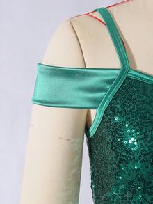 SHEIN 青少年女孩亮片露肩洋裝 高低下擺緞面裙 綠色閃亮禮服 全季適用 適合舞會、生日派對、婚禮 - 墨綠色 - 查看 4