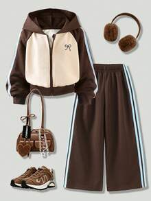 SHEIN Elladie kids 2pcs/Set Girls Colorblock Raglan Hooded Zip-Up Jacket And Wide Leg Sweatpants Beige Brown Bow Graphic Fall Clothes Back To School Clothes Girls - Khaki - View 5