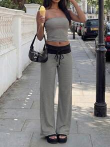 Flirla Women's Set Bandeau Top Casual Streetwear Long Pants Tie Bow Knit Black And White Striped Travel Summer Brunch - Black - View 3