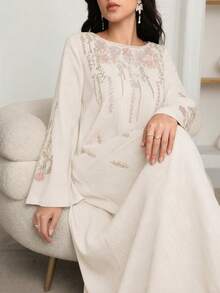 Al Najma Women's Elegant Embroidered Long Robe For Ramadan - Ivory White - View 5