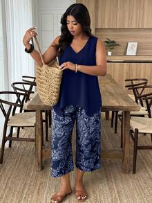 Weeklong Plus Size Women's V-Neck Irregular Hem Sleeveless Blouse And Solid Color Capri Pants 2-Piece Set, Spring/Summer - Navy Blue - View 3