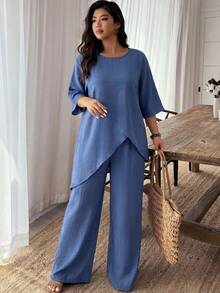 Weeklong Navy Blue Crewneck 3/4 Sleeve Loose Two Pieces Set, Asymmetric Overlap Hem, Plus Size, Cotton-Linen, Casual Resort, Summer Pastoral Style - Blue - View 3