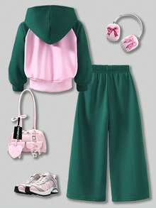 SHEIN Elladie kids 女童 2 件組配色運動套裝，插肩袖拉鍊連帽外套與側條紋長褲，對比粉色與綠色運動風聖誕套裝 - 綠色 - 查看 4