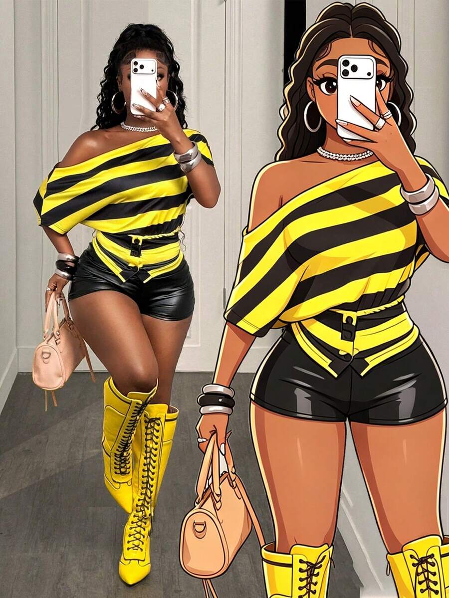 BamGleam Top Feminina de Manga Curta com Ombro Assimétrico Preto e Amarelo, Camiseta Estampada, Sexy para Sair à Noite, Balada, Verão