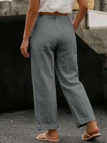 EMERY ROSE Plus Size Women's Casual Pure Cotton Solid Color Long Pants With Pockets And Button Closure - Grey - View 2