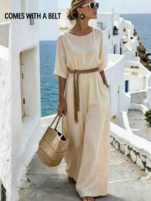 Selamara Women's Short Sleeve Round Neck Drop Shoulder Wide Leg Jumpsuit Vacation Beige Autumn Casual - Apricot - View 1