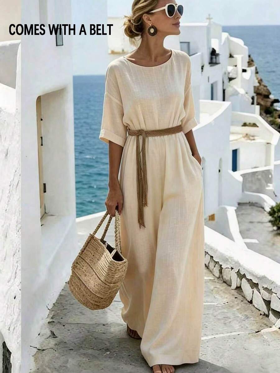 Selamara Women's Short Sleeve Round Neck Drop Shoulder Wide Leg Jumpsuit Vacation Beige Autumn Casual - Apricot - View 1