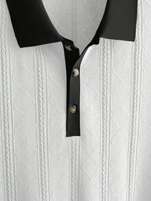 Core Aspect 男士翻領提花短袖休閒套裝，針織紋理提花短袖 Polo 衫搭配梭織長褲套裝，適合送給丈夫和男友，適用於日常外出、朋友聚會或休閒週末時光，INS 熱銷男士兩件套 - 黑與白 - 查看 6