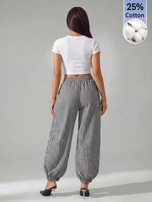 Vivamere Yarn-Dyed Plaid Lantern Pants, Extra Wide Leg, Cotton Blend, Comfortable, Low Waist Brunch Vacation White And Black Autumn Casual Picnic - Brown - View 6