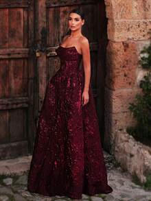 Glamrae Elegant Romantic Fashion Burgundy 3D Jacquard Fabric Strapless Cowl Neck Long Maxi A-Line Skirt Dress With Detachable Back Bow Decoration, Suitable For Graduation, School Opening, Music Festival, Birthday Party, Wedding, Afternoon Tea Party, Prom, Bachelorette Party, All Formal Occasions, Women's Evening Gown - Burgundy - View 5