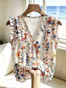 SHEIN Franclia Women's Floral Print Button Ruffle V-Neck Blouse - Apricot - View 1