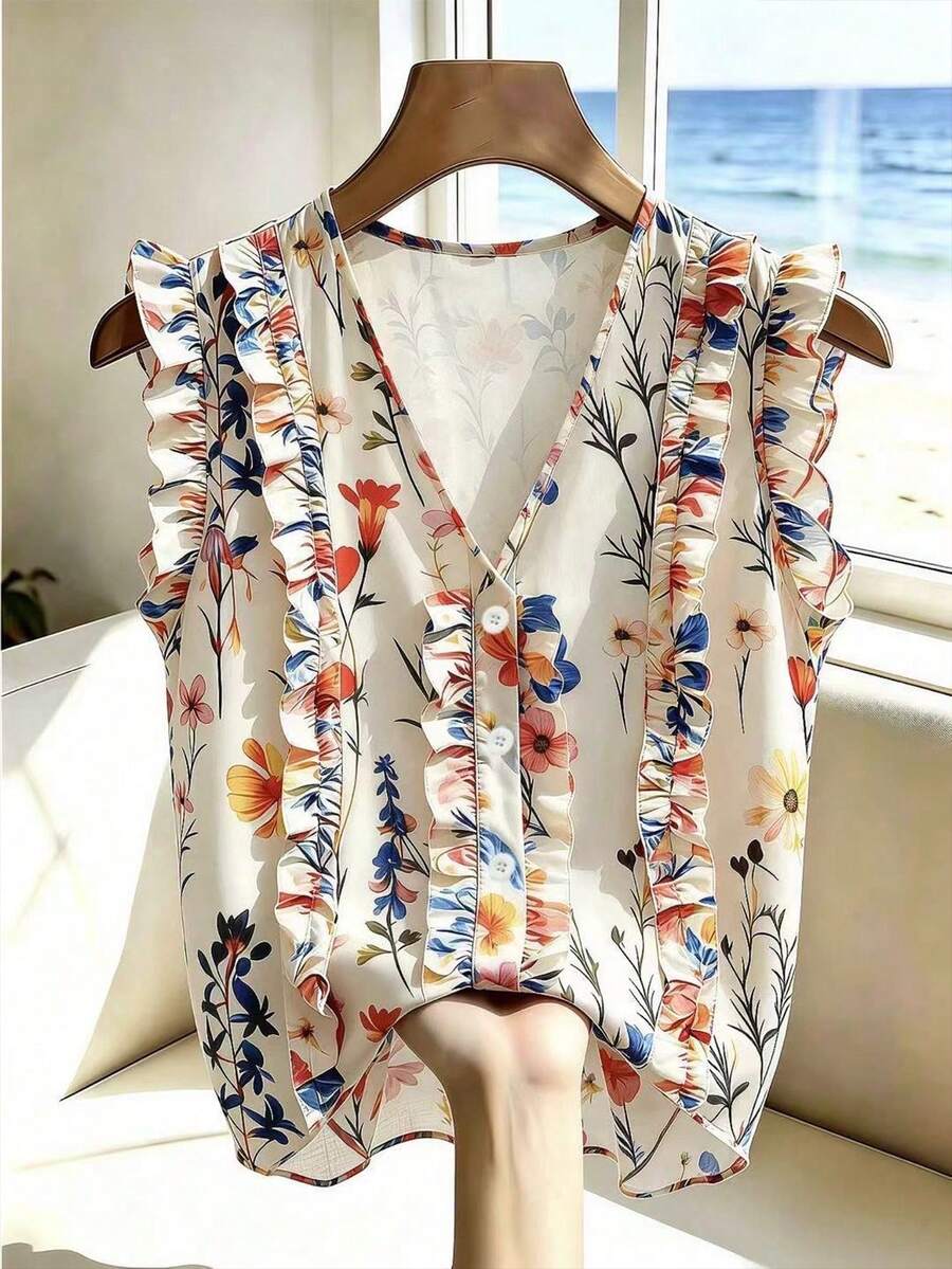 SHEIN Franclia Women's Floral Print Button Ruffle V-Neck Blouse - Apricot - View 1