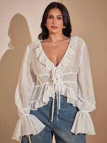 SHEIN BAE 大尺碼女款半透蕾絲荷葉邊綁帶前襟襯衫 - 白色 - 查看 3