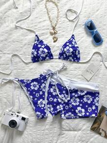 Swim Mod 女款 26SS 春夏新款雙色印花 V 領露背三角綁帶比基尼套裝，3 件式泳衣含三角上衣與比基尼泳褲，甜美海灘度假風 - 藍色 - 查看 4