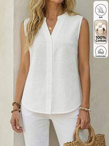 Louniche Blusa sin mangas de unicolor para mujer, diseño de botones con ajuste holgado, top de primavera/verano - Blanco - Ver 5