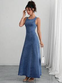 Elenzga Women's Hollow Out Lace-Up Sleeveless Long Denim Dress - Blue - View 6