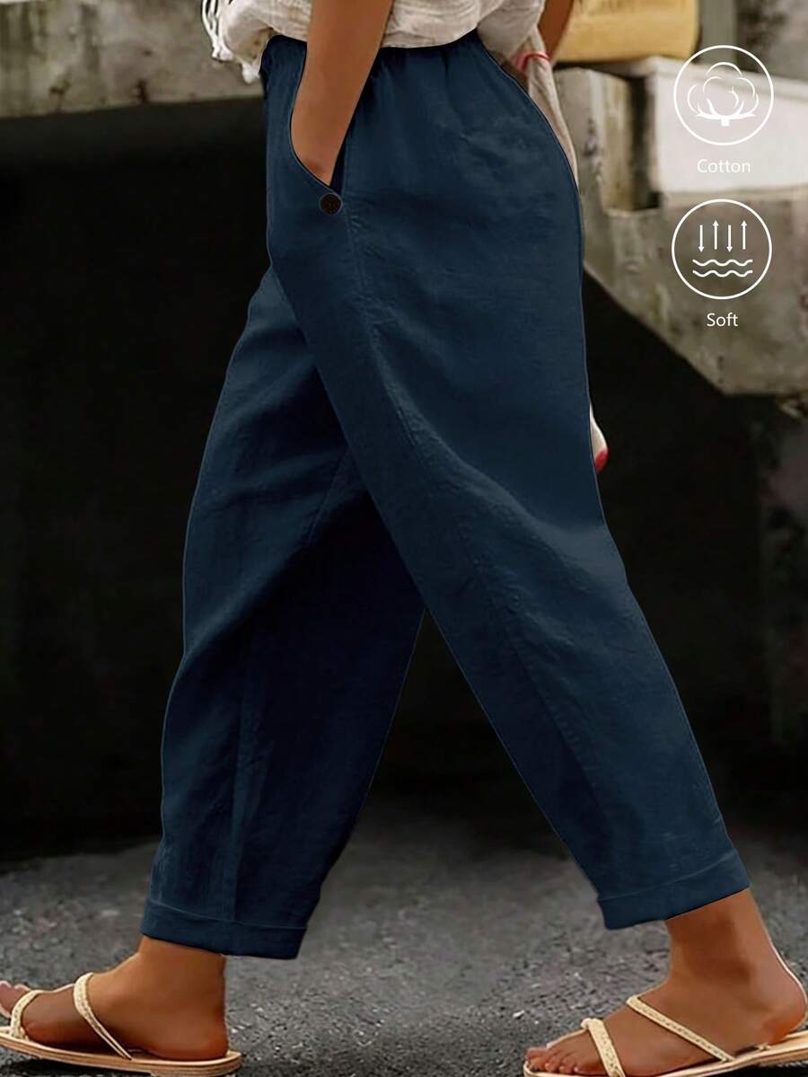 EMERY ROSE Pantalones largos casuales de algodón puro de unicolor con bolsillos y cierre de botones para mujer de talla grande - Azul Marino - Ver 1