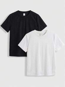 SHEIN 兒童 2件組 青少年男孩休閒標準版百搭圓領純色短袖針織T恤，適合春夏、日常穿著、運動、外出、學校、派對、節慶、拍照 - 黑與白 - 查看 5